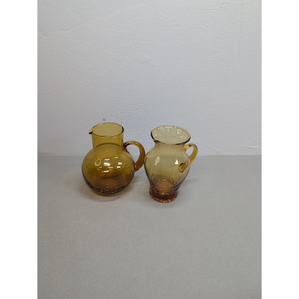 Amber Crackle Glass Small Hand Blown Set of Pitchers Applied Handle Vintage